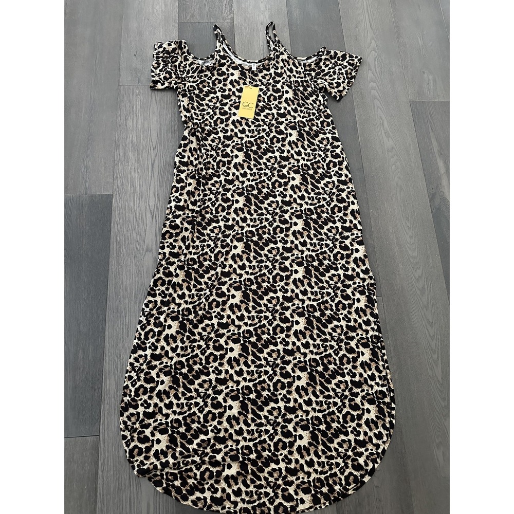 Grecerelle Dress Womens 2XL Brown Black Leopard Print Cold Shoulder Maxi Stretch